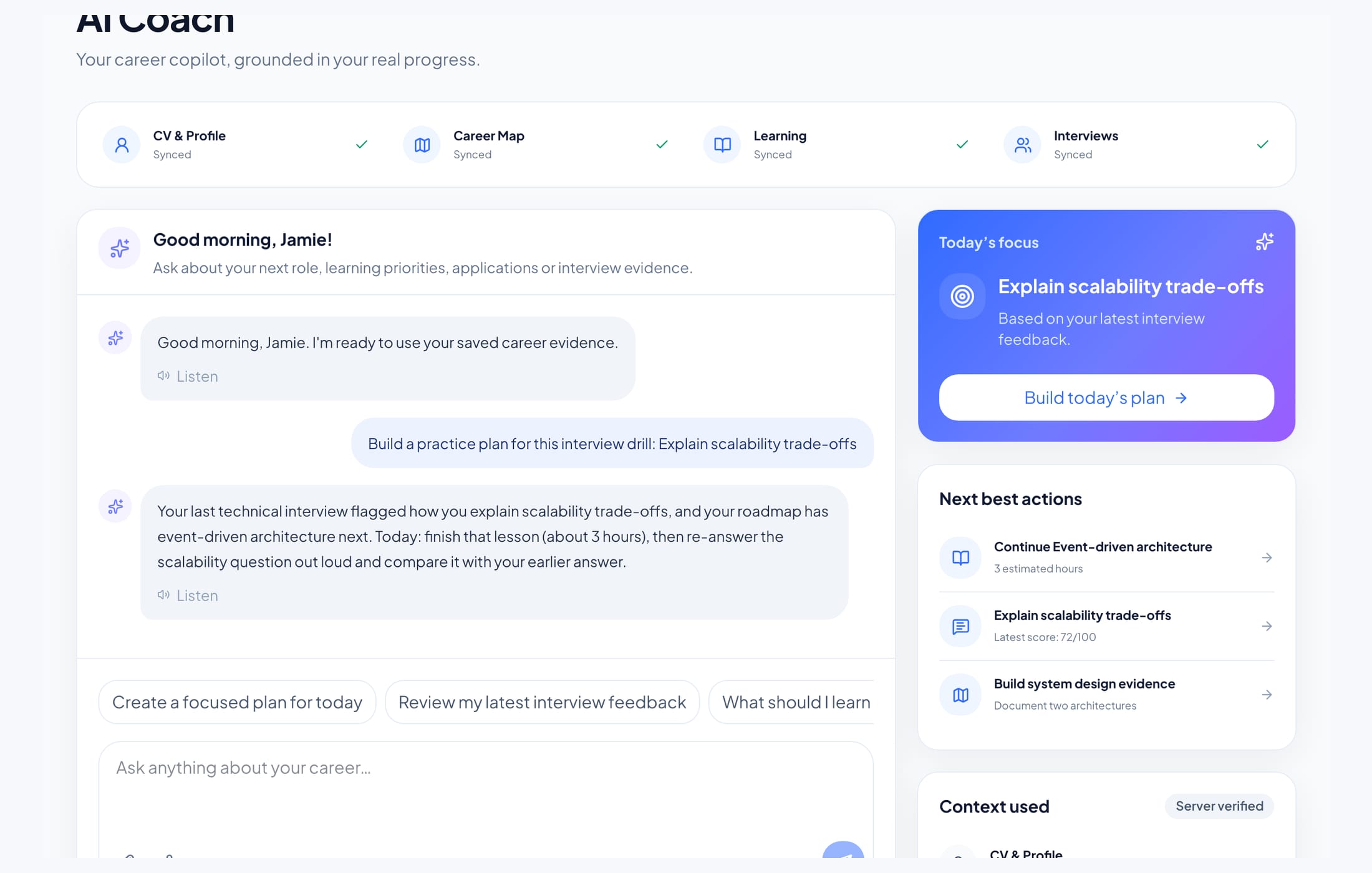 AI coach chat grounded in the user’s own career data, with next best actions and the context used.