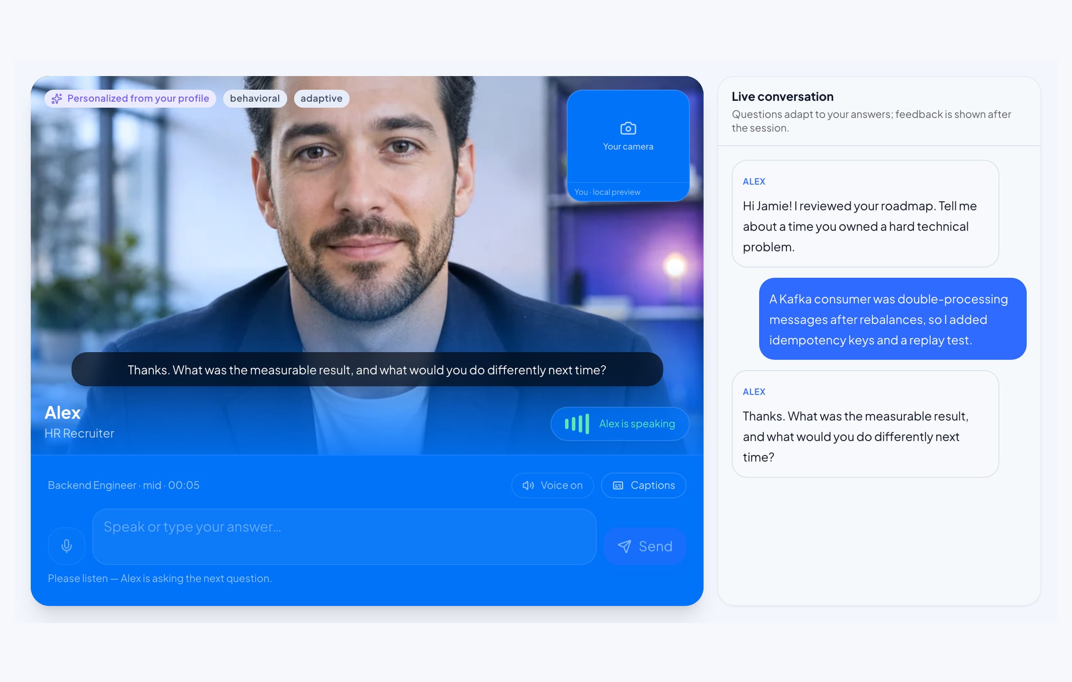 HR interview room: an interviewer on a video call, a live conversation and a spoken answer.